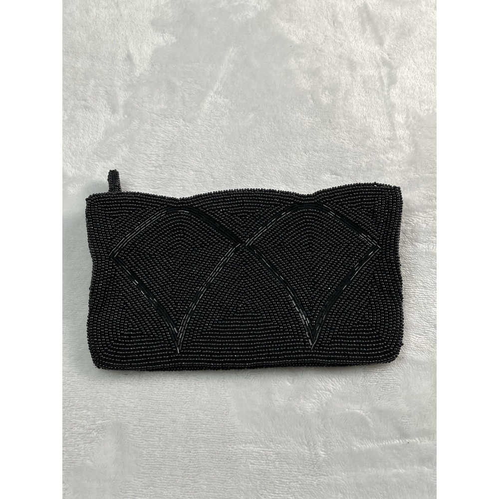 Small Beaded Black Clutch Zippered Made in Japan Lined approx 7" x 4 " - Picture 1 of 7